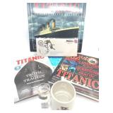 TITANIC Lot Includes Reproduction "White Star Line" Mug, Shot Glass, Pin & Books