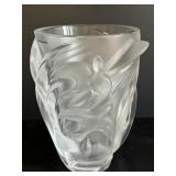 Lalique Crystal "Martinets" Vase, Frosted & Clear Tapered Vase with Doves in Flight Surrounding the Vessel