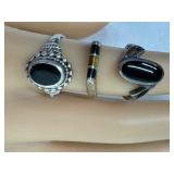 Three Vintage Sterling Silver and Onyx Rings