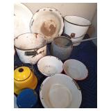 Lot of vintage enamel ware - Tea pot, cup, bowls, kettle, pots, plates, and pail