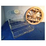 3 Tier metal shelf and a wagon wheel wood shelf