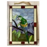 Vintage Large Leaded Stained Glass of Parrot on Branch - 17" x 24"