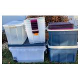 12 Large Plastic Storage Totes - 3 are wheeled