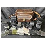 Collection of Vintage Camera Accessories. Lenses, light meter, Vivitar Flash, lens covers and much more