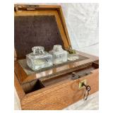 Antique Writing Desk with key plus 3 Uranium Glass Inkwells