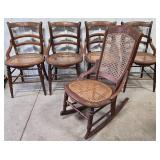 4 Antique Wood Chairs and Rocking Chair w/Cane Seats