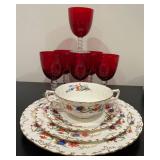 Vintage Royal Crown Derby"Chatsworth" China Set and Ruby Red Stemware