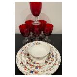 Vintage Royal Crown Derby"Chatsworth" China Set and Ruby Red Stemware