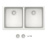 GLACIER BAY Stonehaven 33 in. Undermount 50/50 Double Bowl White Ice Granite Composite Kitchen Sink with White Strainer