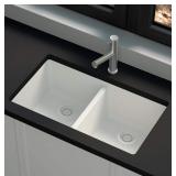 GLACIER BAY Stonehaven 33 in. Undermount 50/50 Double Bowl White Ice Granite Composite Kitchen Sink with White Strainer