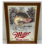 15 1/2" x 20 1/2" Framed Miller High Life  Wisconsin Mirror With Bass Design (New Old Stock)