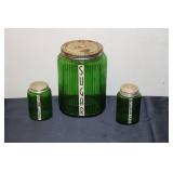 Vintage Green Glass Canister Set - Salt, Sugar, and Pepper