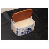 Vintage Blue and White Salt Box with Wooden Lid