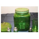 Vintage Green Glass Kitchen Set including Canister, Salt & Pepper Shakers, and Glasses