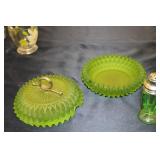 Vintage Green Glass Kitchen Set including Canister, Salt & Pepper Shakers, and Glasses