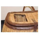 Vintage Wicker Basket with Wooden Handle and Fishing Net