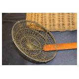 Vintage Wicker Basket with Wooden Handle and Fishing Net