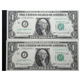 1963 Green Seal $1 Dollar Federal Reserve Notes Consecutive Numbers Uncirculated