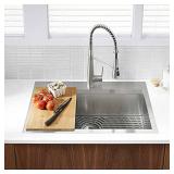 Kohler Pro-Inspired Stainless Steel Kitchen Sink Kit With Sink, Faucet, Bamboo Cutting Board, Silicone Mat, Drain Strainer & Hardware