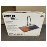 Kohler Pro-Inspired Stainless Steel Kitchen Sink Kit With Sink, Faucet, Bamboo Cutting Board, Silicone Mat, Drain Strainer & Hardware