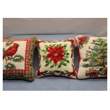 Set of 3 Vintage Christmas-Themed Needlepoint Pillows with Solid Backings