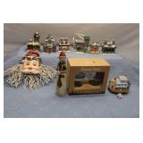 Collection of 9 Holiday Village Houses and Figurines with Decorative Lights