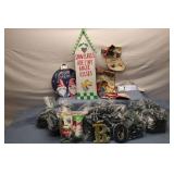 Holiday Decorations Lot with Christmas Lights, Stockings, and Signs