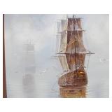 Excellent Vintage Framed Signed Oil on Canvas Painting by T. Garcia - Ships in Fog