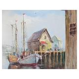 Very Nice Signed Vintage Oil on Canvas Harbor Scene Painting