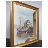 Very Nice Signed Vintage Oil on Canvas Harbor Scene Painting