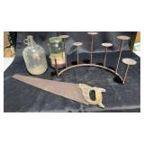 Vintage Metal Candle Holder with Hand Saw and Glass Jar