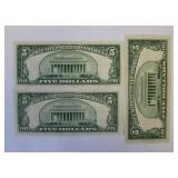 Lot of 3 US 5 Dollar Silver Certificates