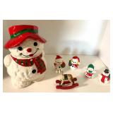 Vintage Ceramic Snowman Cookie Jar and Ornaments