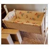 Vintage Wicker Bassinet, Wicker Drawers from a Changing Table and Wood High Chair