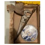 Mixed LOT - Hatchet, Pipe Wrench, C-Clamps, Mitre Box with Saw, Bar Clamp