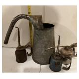 Three Vintage Pump Oilers, One Galvanized Oil Can / Pitcher