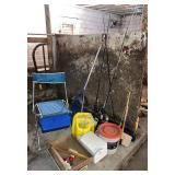 Fishing LOT - Chair, Six Fishing Poles, Four Fishing Reels, Scaling Board, Two Minnow Buckets