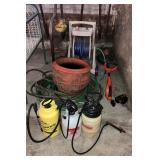 Gardening LOT - Grasshopper Cordless Weed Wacker, Hose Reel, Garden Hose, Sprayers, Planter