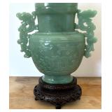 Antique Carved Jadeite Lidded Vase with Carved Detailed and Antique Stand