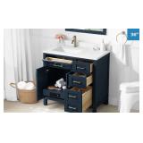 New OVE Decors Lakeview Vanity in Midnight Blue With Built In Power Bar, Engineered Stone Countertop and Backsplash Included Retail $999.99