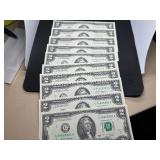 Ten Sequential Two Dollar Bills