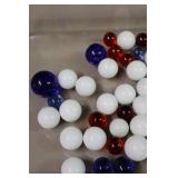 Vintage Marble Collection…1-Blue Shooter 1-Blue 1/2” Swirl 37-White Milk Glass 1/2-Inch 11-Red(Glow Under UVBlack Light) 9-Blue Marbles