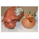 Three Pigs(Banks) and a Duck Hand-Painted Vintage Pottery Ceramic Porcelain