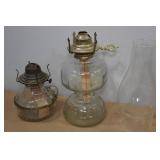 Antique Glass Pedestal Oil Lamps with Replacement Chimneys