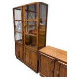 Vintage 1970s Oak Lighted Display Cabinet & Fold-Out Bar Hutch, England Made