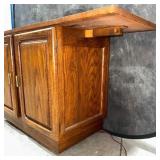 Vintage 1970s Oak Lighted Display Cabinet & Fold-Out Bar Hutch, England Made