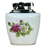 Vintage ATC Japan Porcelain Tabletop Lighter Floral Design White with Chrome Top