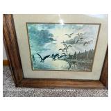 Vintage Les Kouba Framed Wildlife Print - Ducks in Flight Over Lake Scene