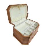 Polished Octagonal Tizo Burl Wood Jewelry Box, Suede-Lined, Drawers & Key, 15”