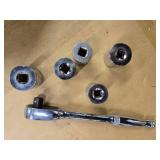 Lot of 5 Mechanic sockets and a Ratchet; Kobalt 1-1/4", 1-3/16", 1-1/16, 1-1/8, and Craftsman 1"